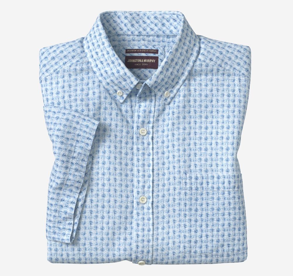 Johnston & Murphy Cotton-Linen Short-Sleeve Print Shirt Blue Illusion