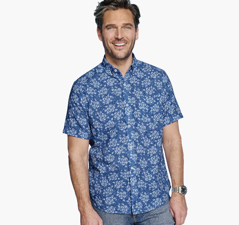 Johnston & Murphy Cotton-Linen Short-Sleeve Print Shirt Navy Rose