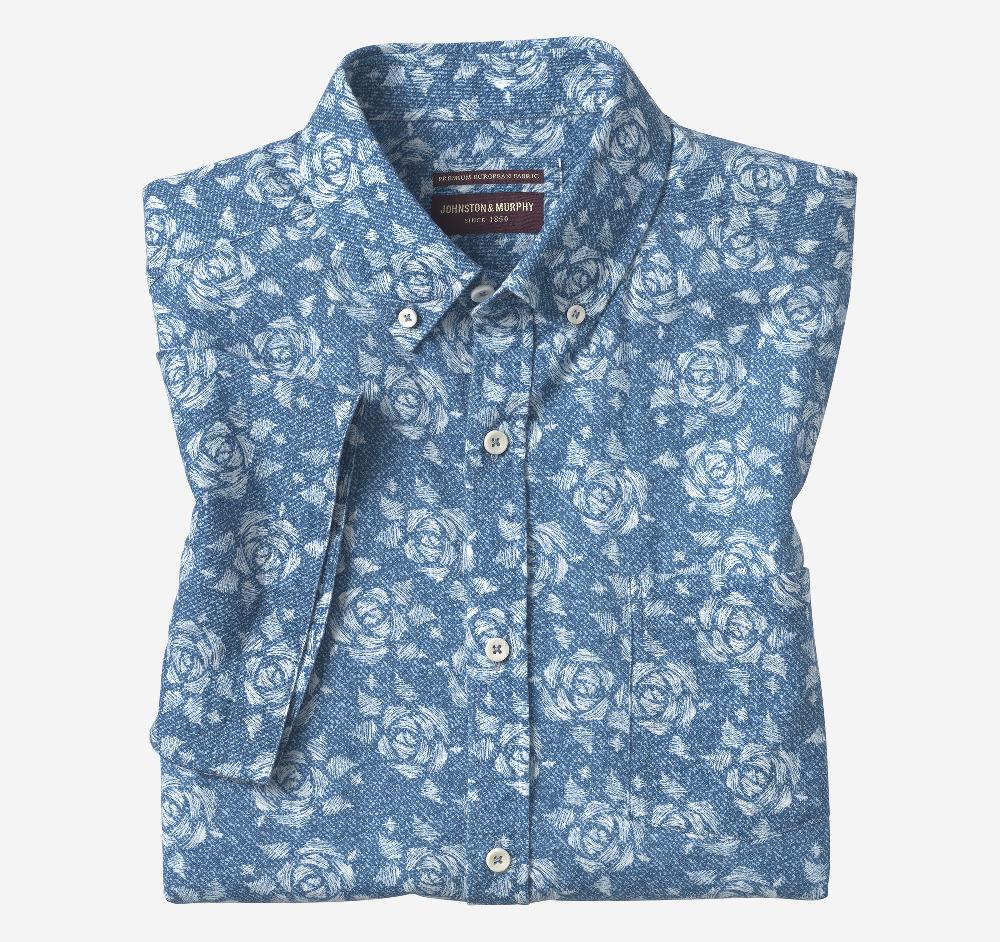 Johnston & Murphy Cotton-Linen Short-Sleeve Print Shirt Navy Rose