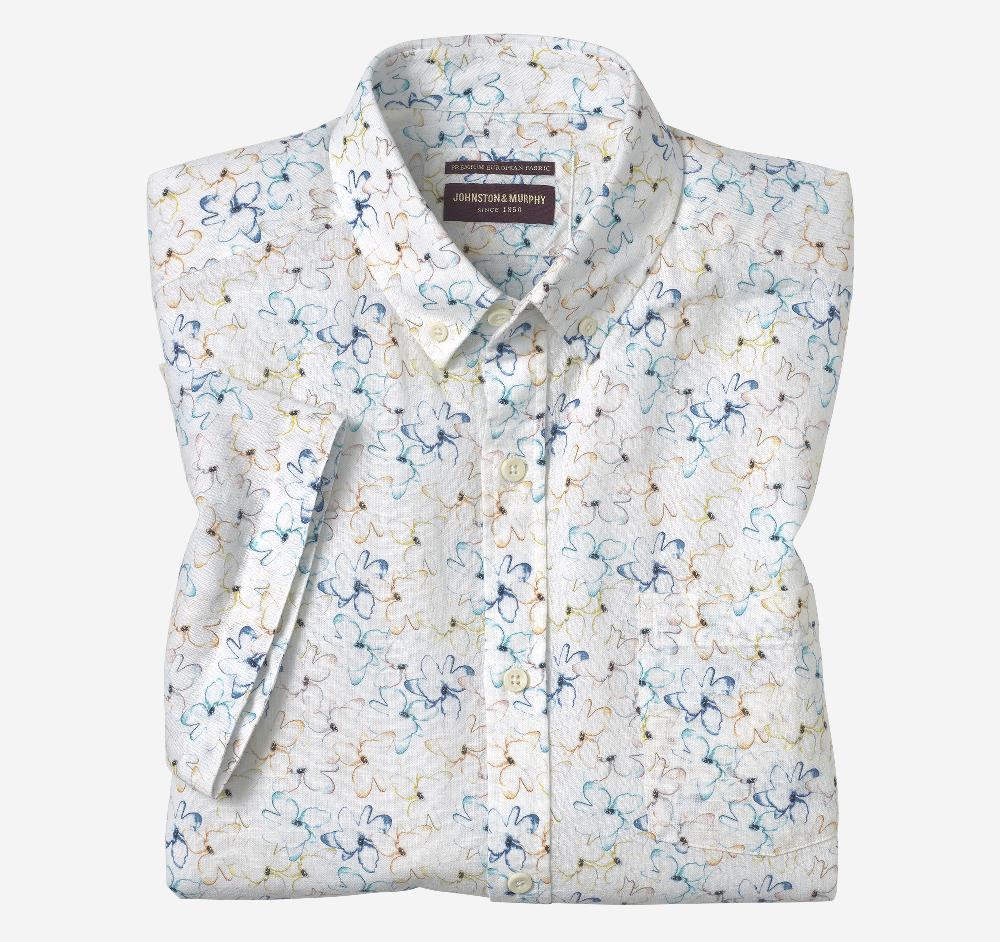 Johnston & Murphy Cotton-Linen Short-Sleeve Print Shirt White Floral