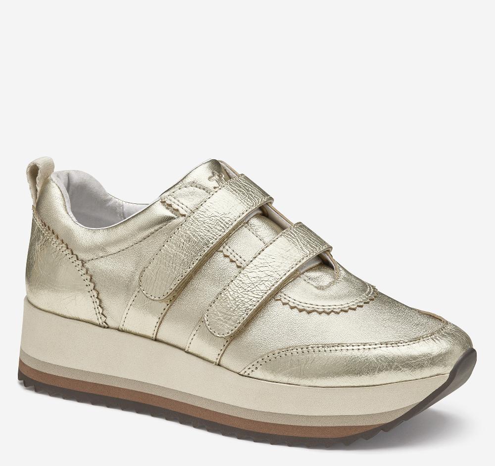 Johnston & Murphy Gracie Double-Strap Sneaker Gold Italian Metallic Sheepskin/Crinkled Sheepskin