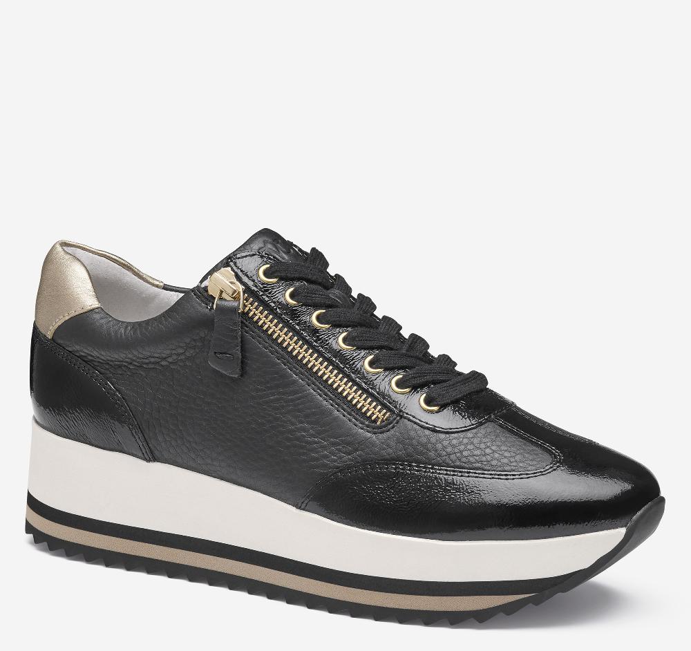 Johnston & Murphy Gracie Side-Zip Lace Up Black Calfskin/Italian Crinkled Patent Leather