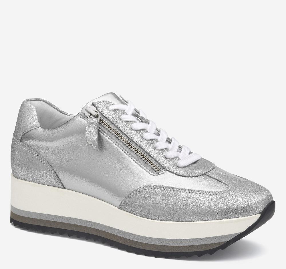 Johnston & Murphy Gracie Side-Zip Lace Up Silver Metallic Suede/Calfskin