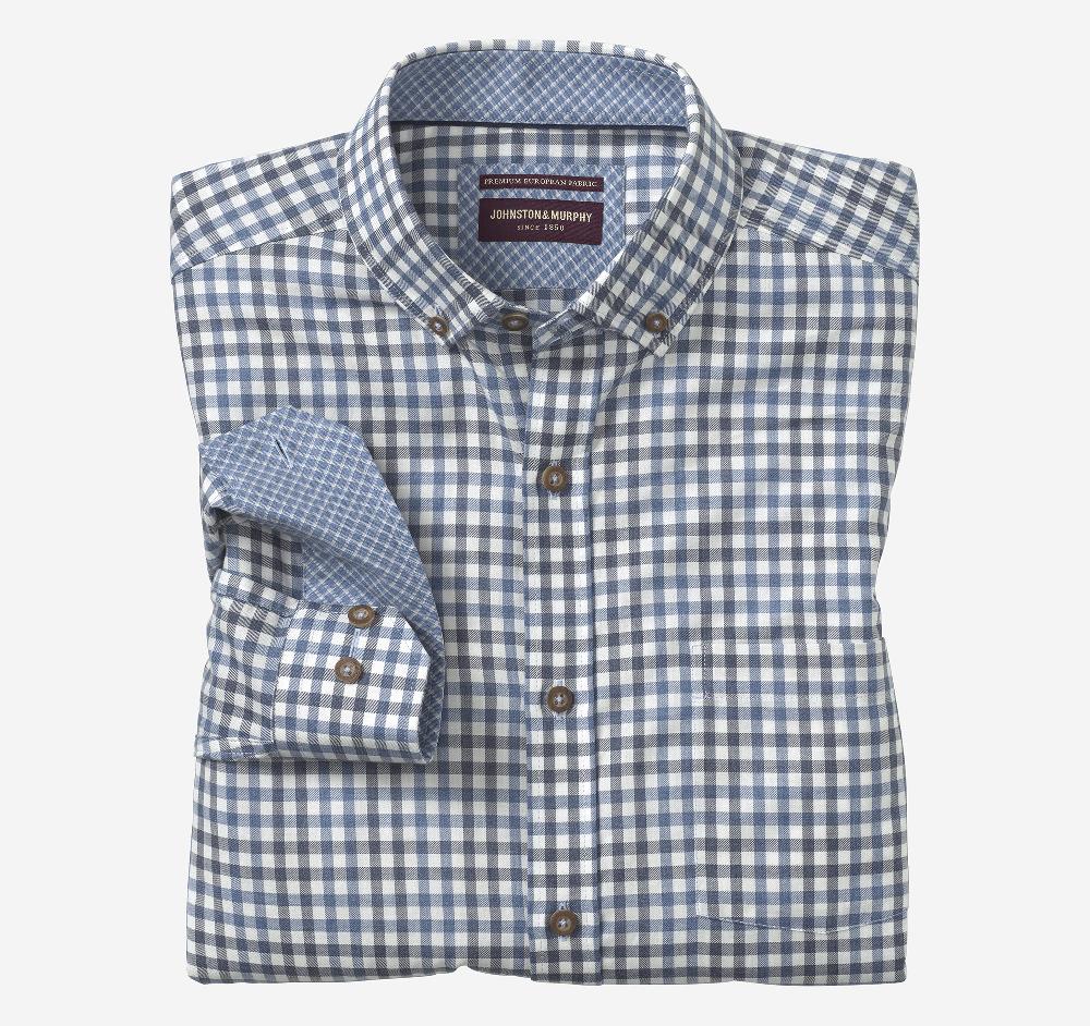 Johnston & Murphy Heathered Woven Shirt Blue/Navy Tonal Check