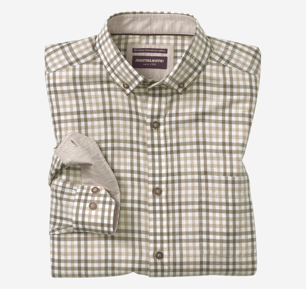 Johnston & Murphy Heathered Woven Shirt Tan/Brown Tonal Check