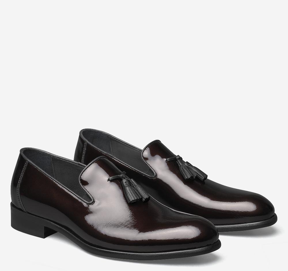 Johnston & Murphy Highland Tassel Slip-On Loafer Burgundy Italian Textured Patent