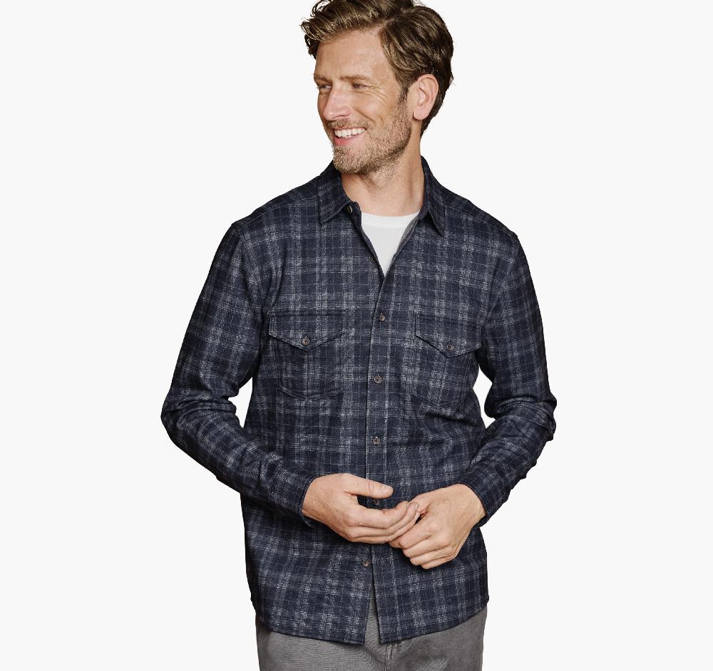 Johnston & Murphy Button-Front Knit Shirt Navy Plaid