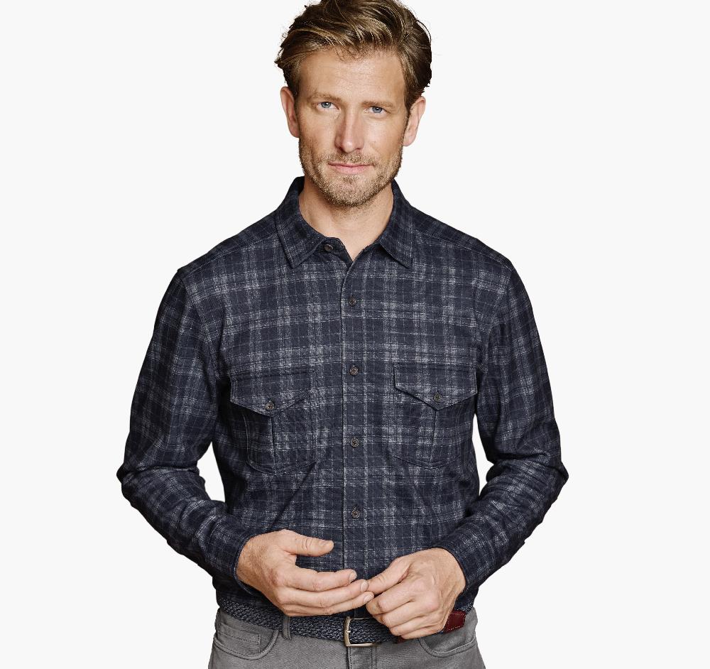 Johnston & Murphy Button-Front Knit Shirt Navy Plaid