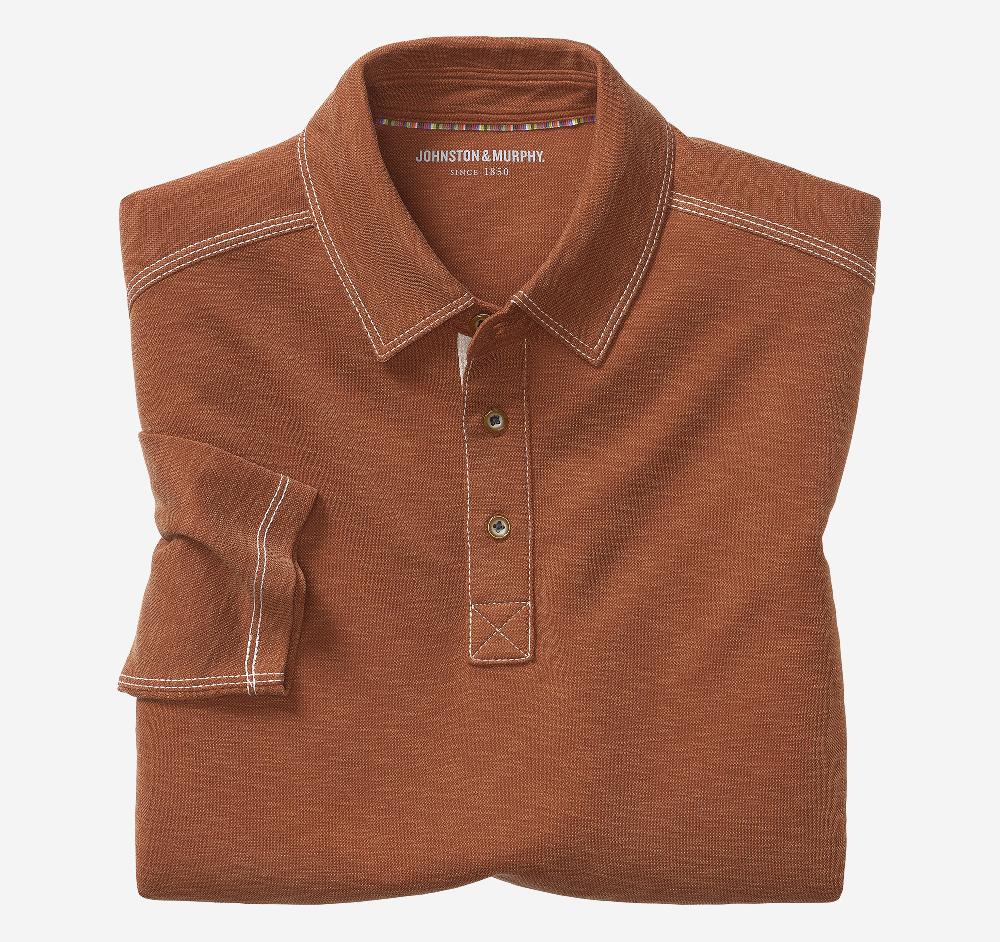 Johnston & Murphy Vintage Slub Long-Sleeve Polo Rust