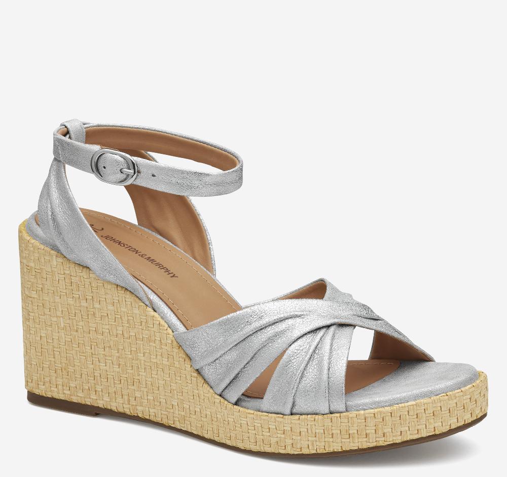 Johnston & Murphy Marcia Cross-Band Sandal Silver Metallic Kid Suede