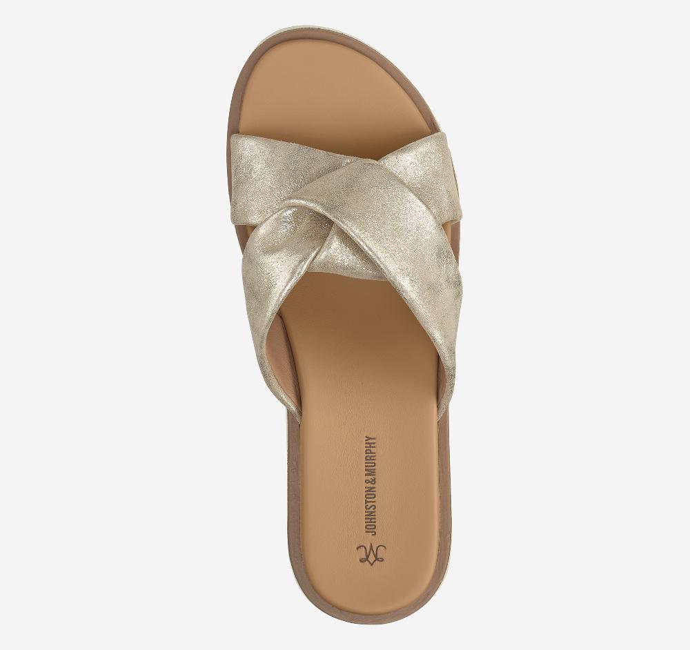 Johnston & Murphy Mitzi Knotted Slide Champagne Metallic Kid Suede