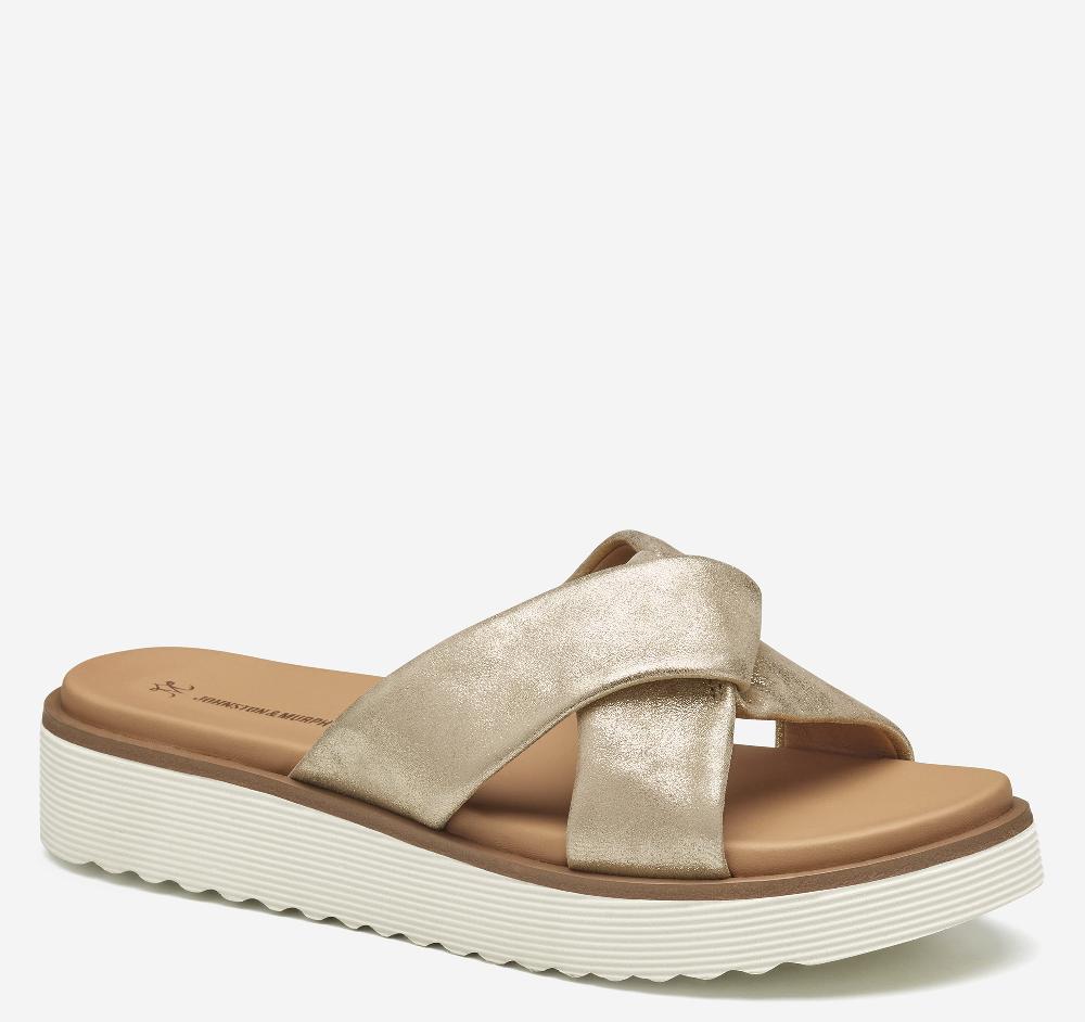 Johnston & Murphy Mitzi Knotted Slide Champagne Metallic Kid Suede
