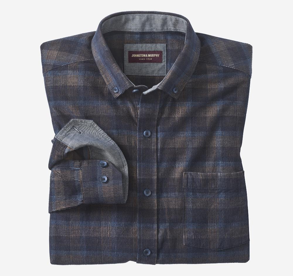 Johnston & Murphy Plaid Corduroy Shirt Navy/Brown Plaid