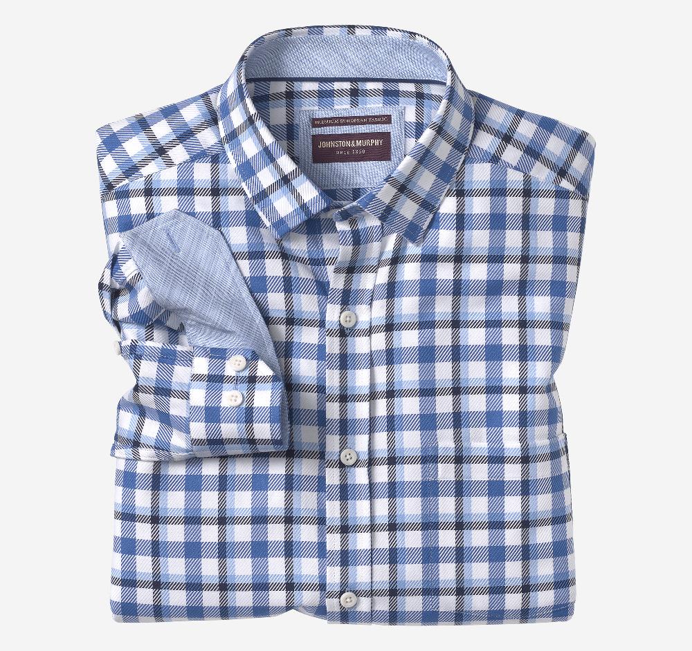 Johnston & Murphy Premium Cotton Shirts Blue Twill Check
