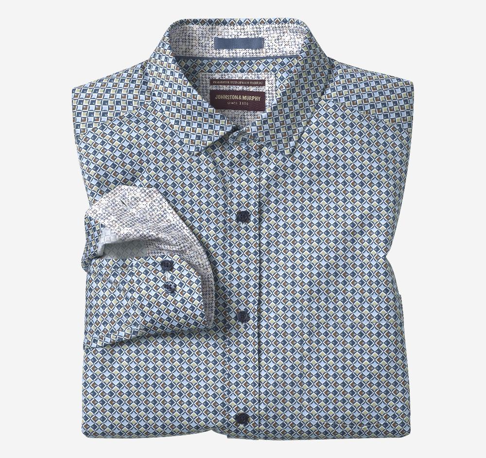 Johnston & Murphy Printed Cotton Shirt Blue/Brown Wavy Diamond