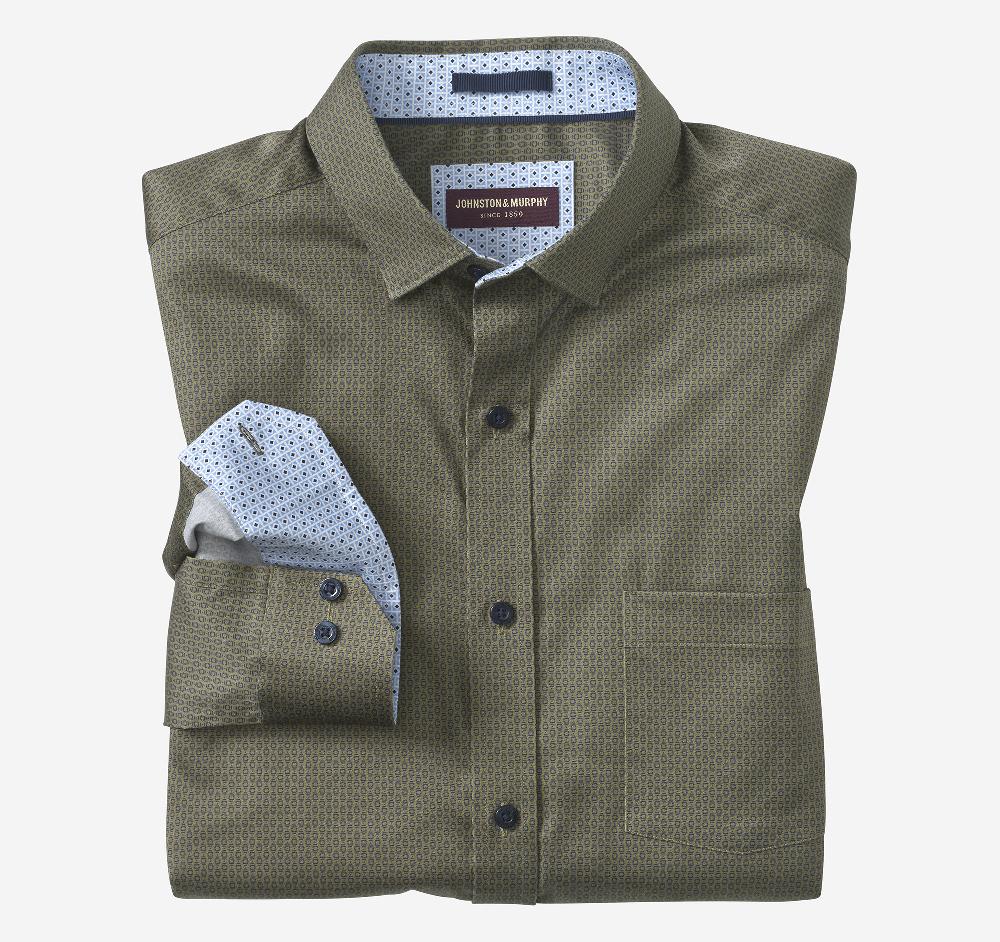 Johnston & Murphy Printed Cotton Shirt Olive/Navy Linked Oval