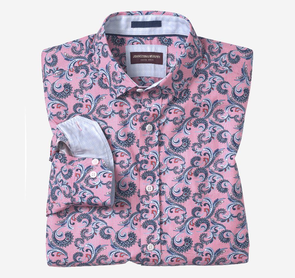 Johnston & Murphy Printed Cotton Shirt Pink Checkered Paisley