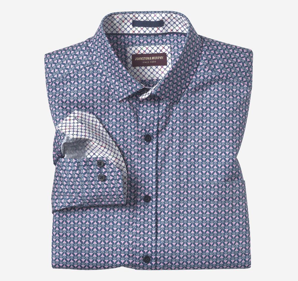 Johnston & Murphy Printed Cotton Shirt Pink/Navy Martini