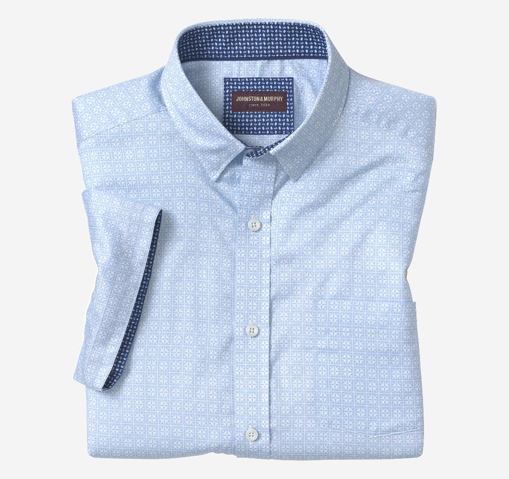 Johnston & Murphy Printed Short-Sleeve Shirt Light Blue Airplane Grid