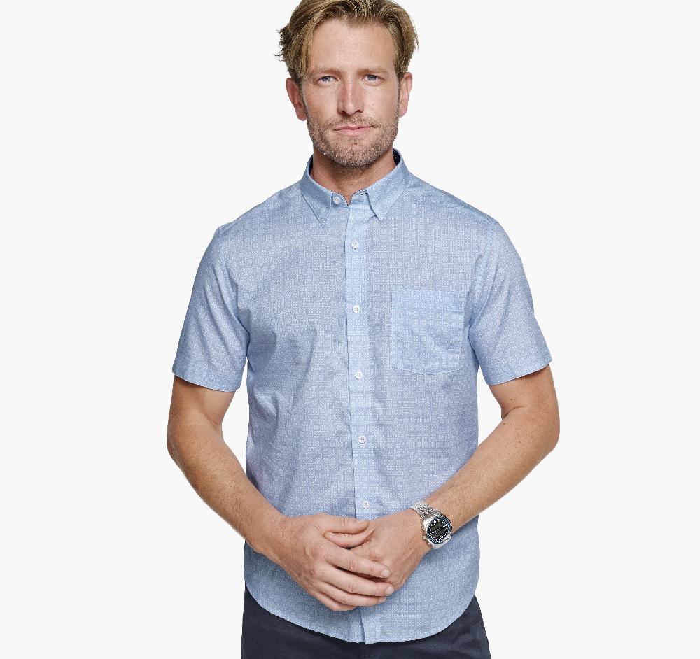 Johnston & Murphy Printed Short-Sleeve Shirt Light Blue Airplane Grid