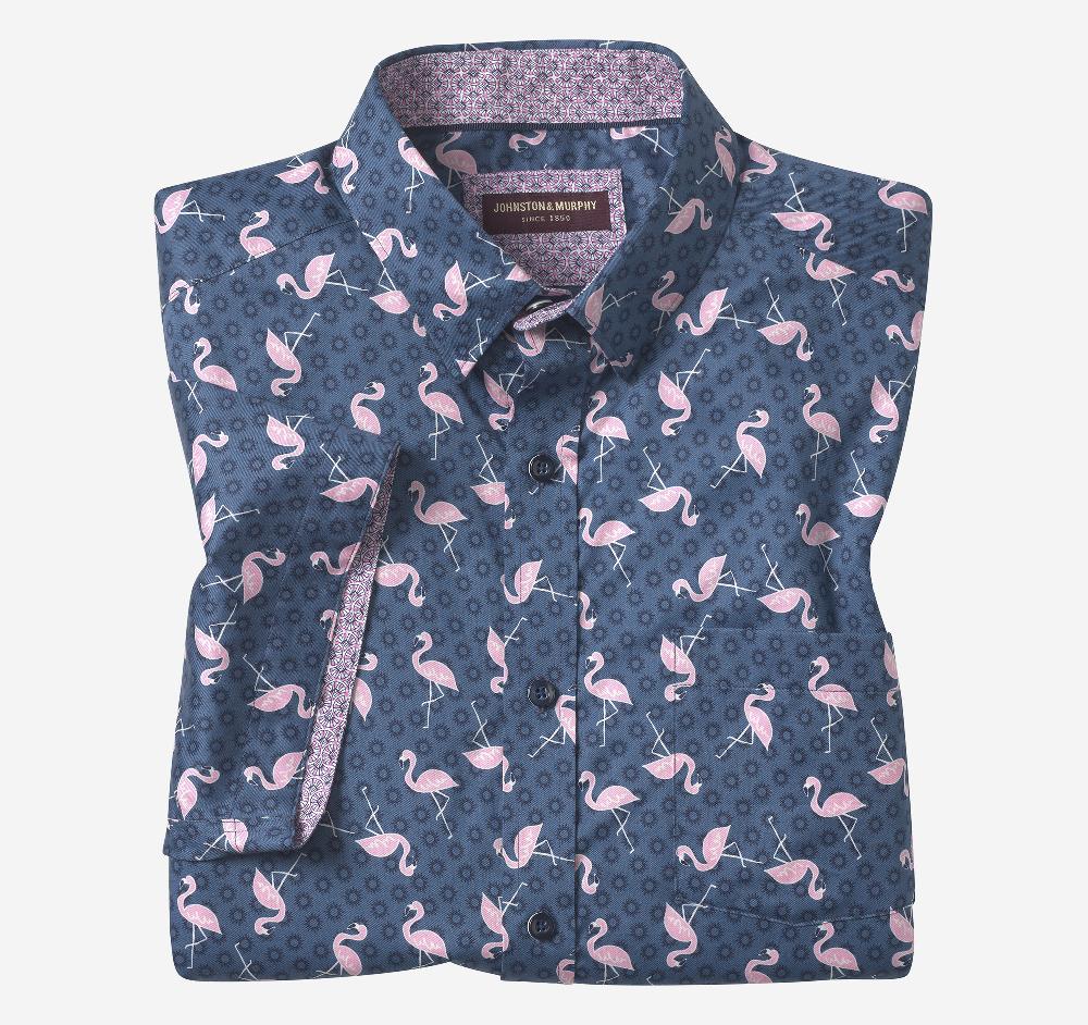 Johnston & Murphy Printed Short-Sleeve Shirt Navy Flamingo Sun