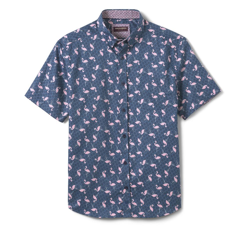 Johnston & Murphy Printed Short-Sleeve Shirt Navy Flamingo Sun