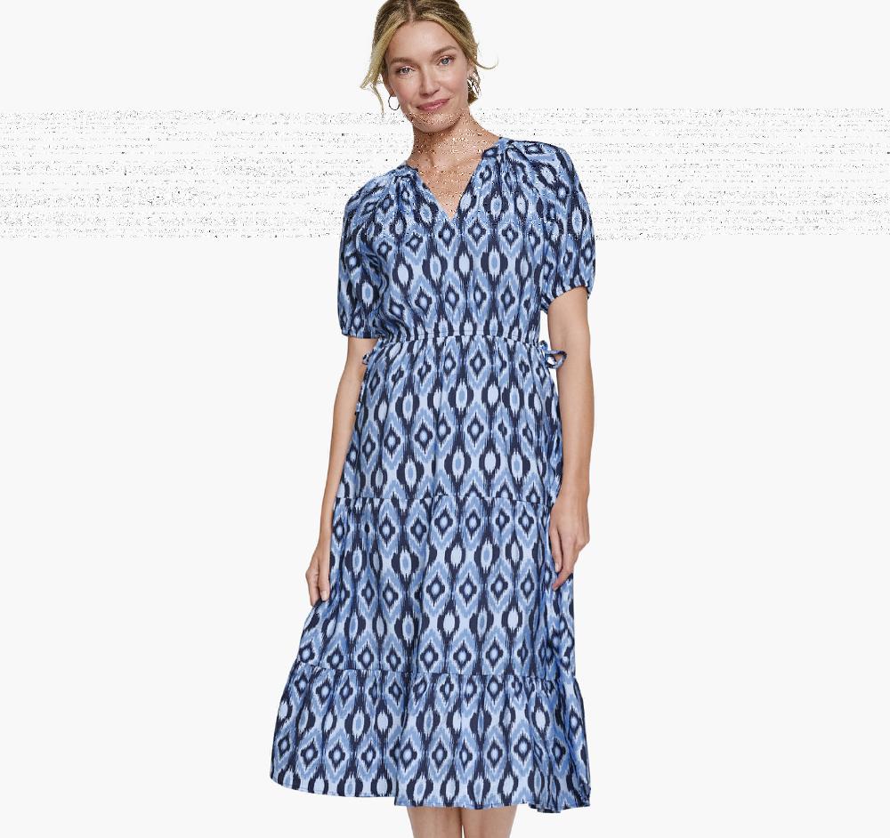 Johnston & Murphy Puff Sleeve Side-Tie Dress Navy Ikat