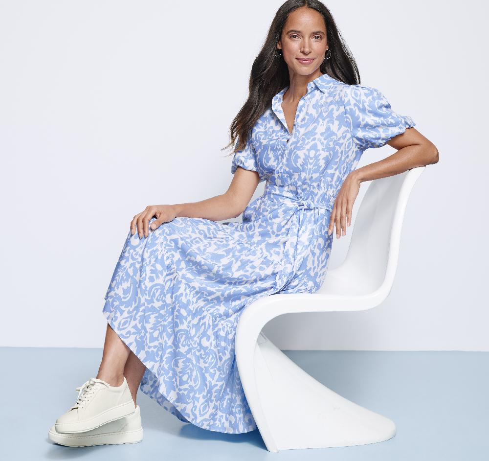 Johnston & Murphy Tie-Waist Print Dress Light Blue/White