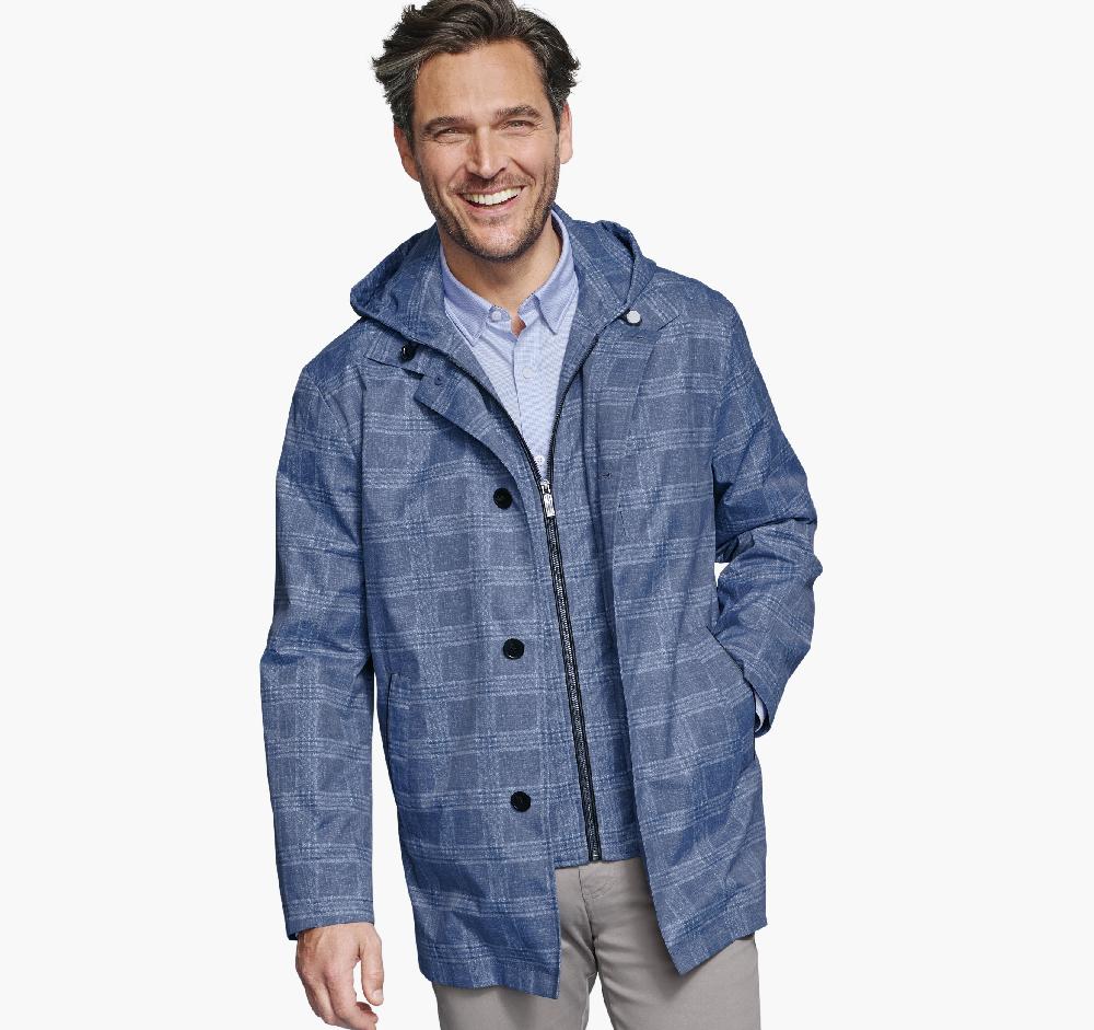 Johnston & Murphy Upton Water-Resistant Raincoat Blue Plaid