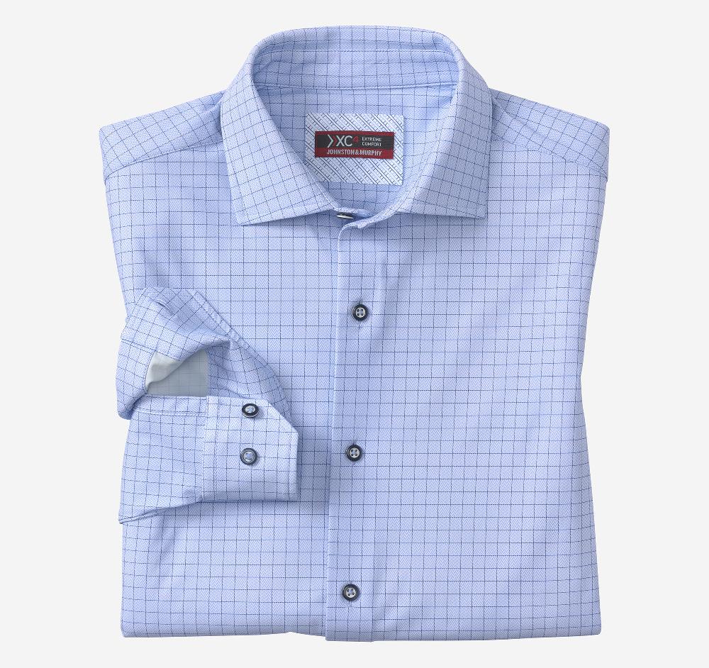 Johnston & Murphy XC4® Motion Long-Sleeve Dress Knit Shirt Blue/Navy Herringbone Grid