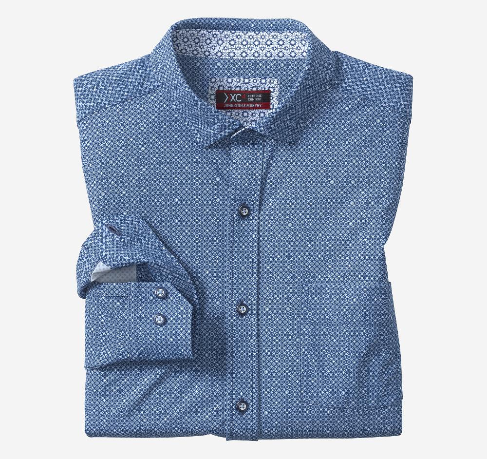 Johnston & Murphy XC4® Motion Long-Sleeve Print Knit Shirt Navy Star Grid