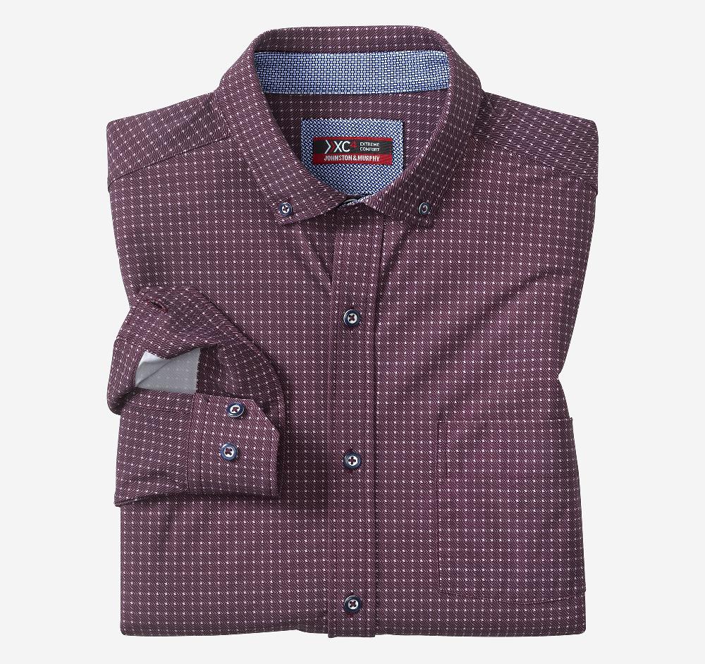 Johnston & Murphy XC4® Motion Long-Sleeve Sport Knit Shirt Burgundy Twill Grid