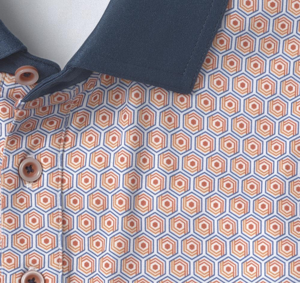 Johnston & Murphy XC4® Performance Solid-Collar Print Polos + Cool Degree™ Orange/Navy Hexagon Dot