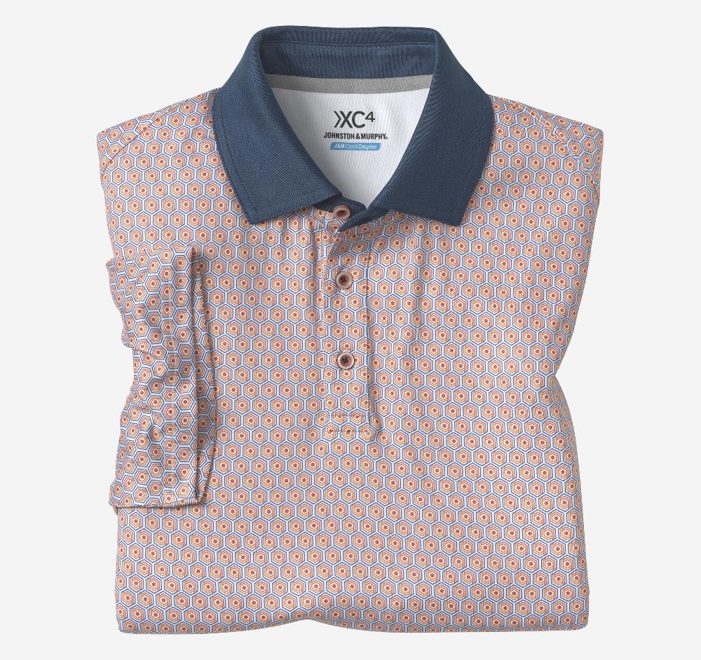 Johnston & Murphy XC4® Performance Solid-Collar Print Polos + Cool Degree™ Orange/Navy Hexagon Dot