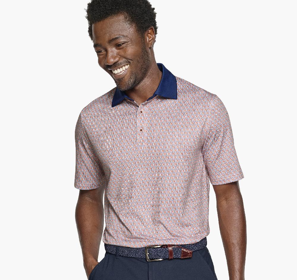 Johnston & Murphy XC4® Performance Solid-Collar Print Polos + Cool Degree™ Orange/Navy Hexagon Dot