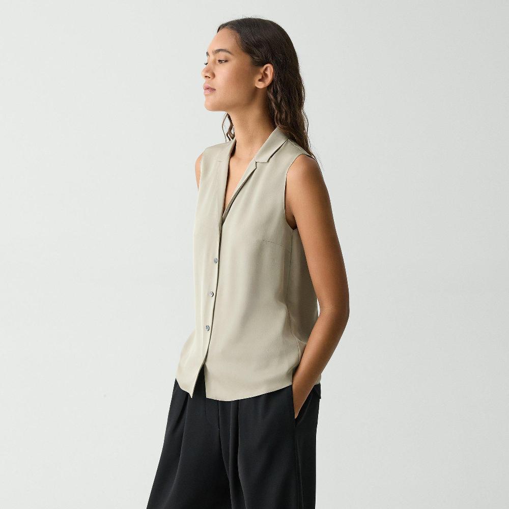 J Brand Camp Collar Blouse In Silk Georgette Soft Taupe