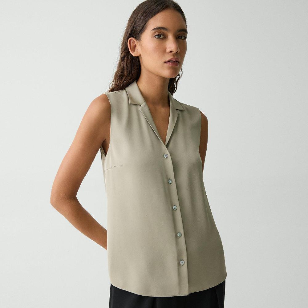 J Brand Camp Collar Blouse In Silk Georgette Soft Taupe