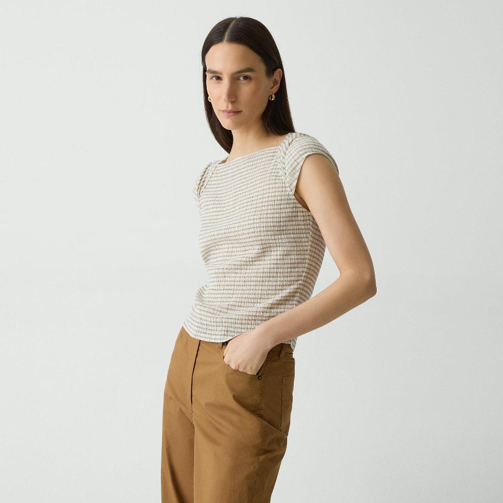 J Brand Cap Sleeve Top In Crinkle Check Taupe Multi