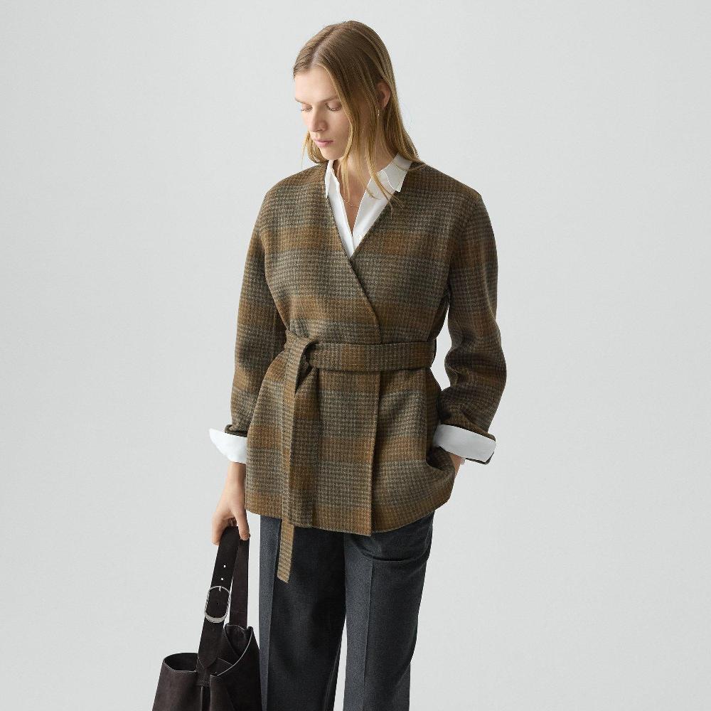 J Brand Cardigan Jacket In Plaid Wool-Cashmere Brass Multi
