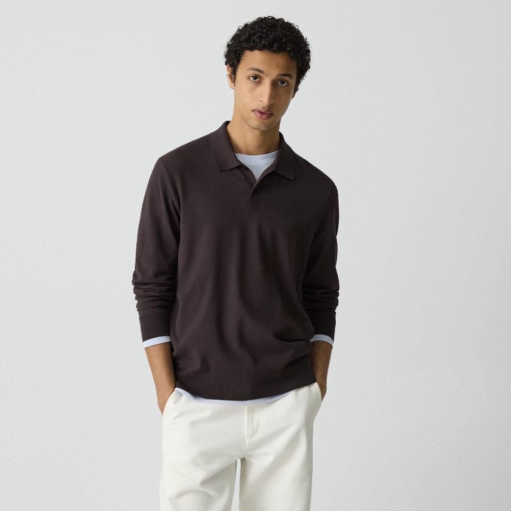 J Brand Goris Long-Sleeve Polo Shirt In Light Bilen Brownwood