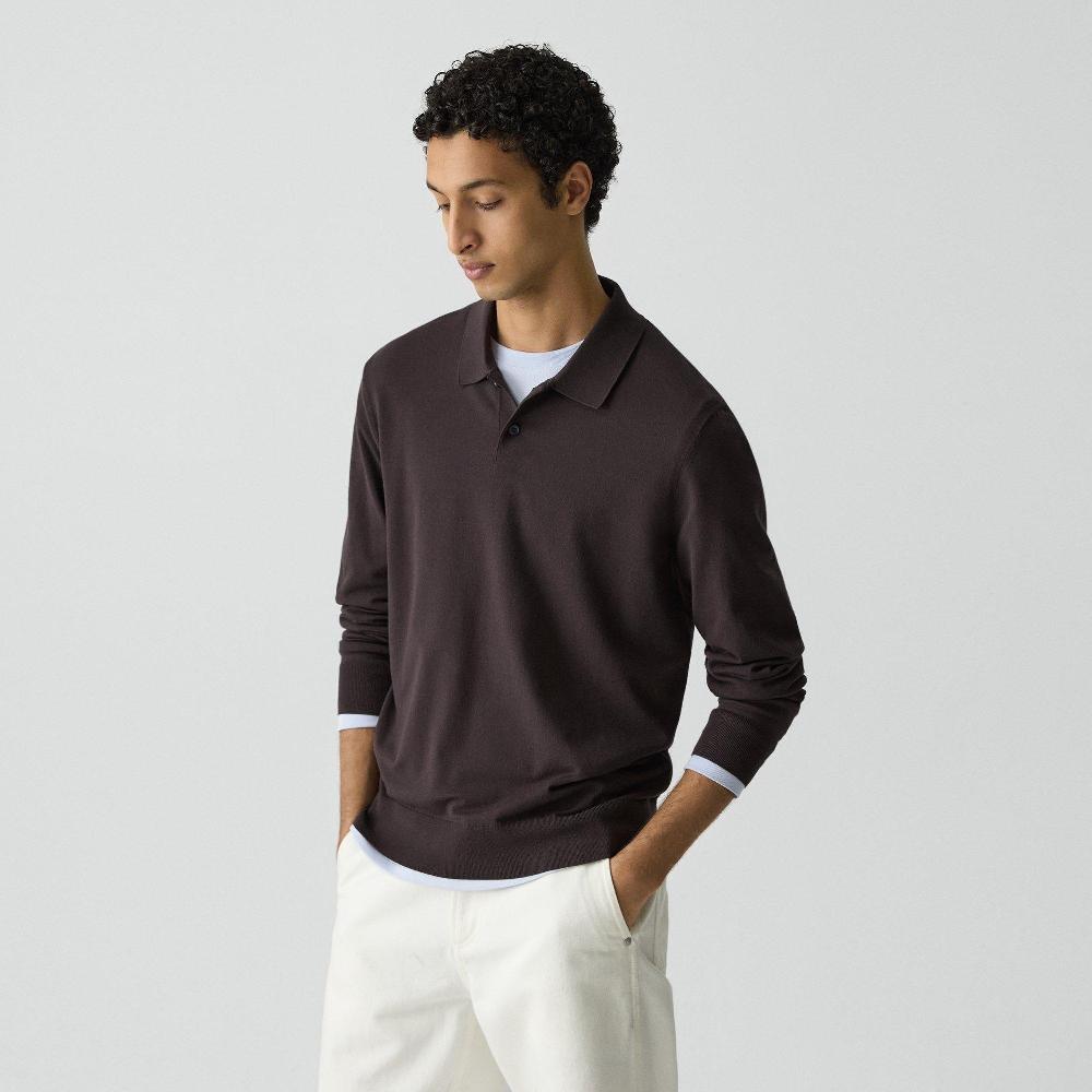 j brand Goris Long-Sleeve Polo Shirt in Light Bilen brownwood