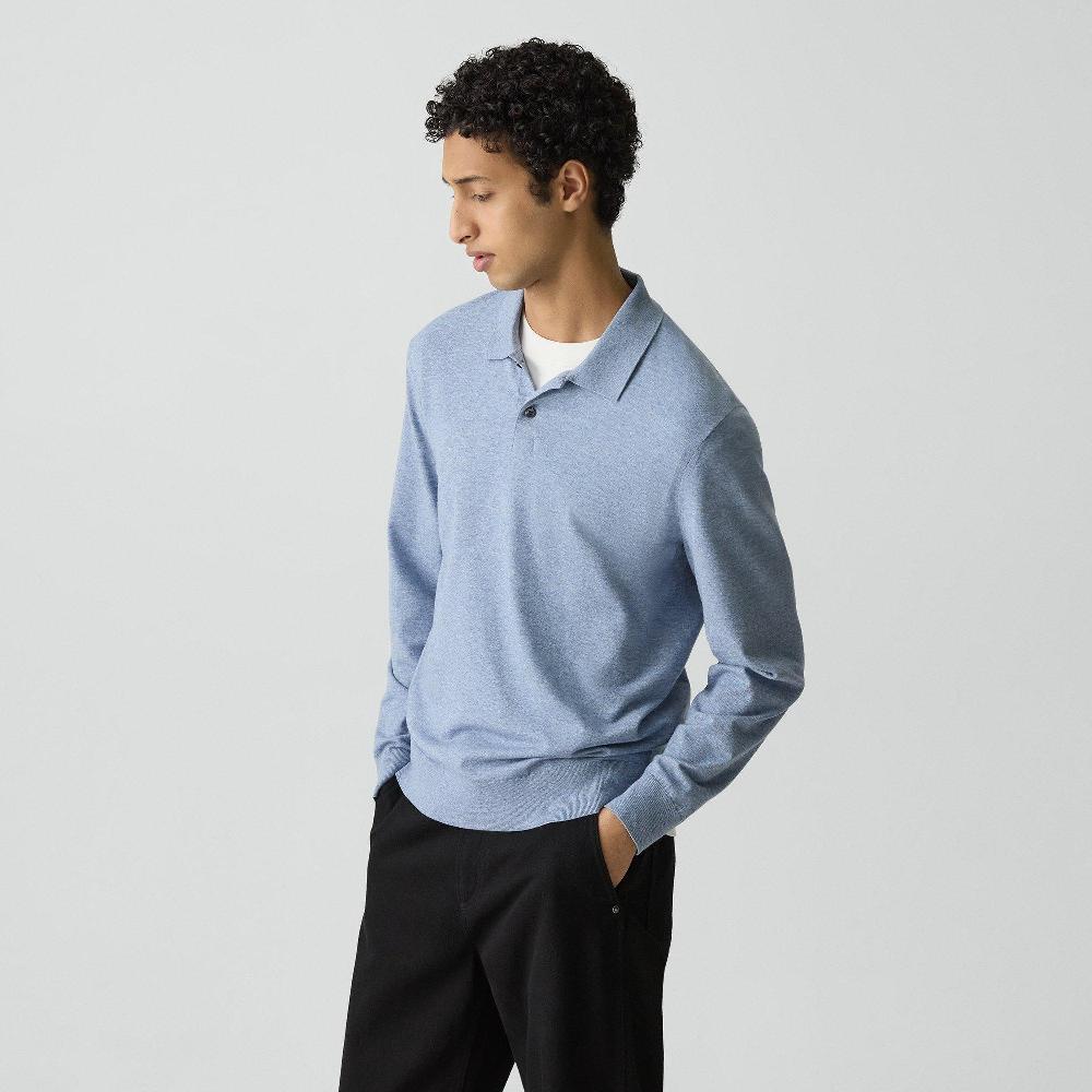 J Brand Goris Long-Sleeve Polo Shirt In Light Bilen Light Blue Lake Melange