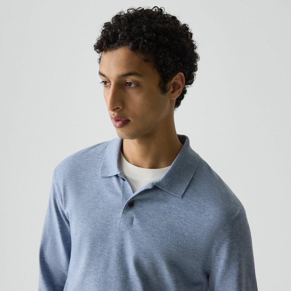 J Brand Goris Long-Sleeve Polo Shirt In Light Bilen Light Blue Lake Melange