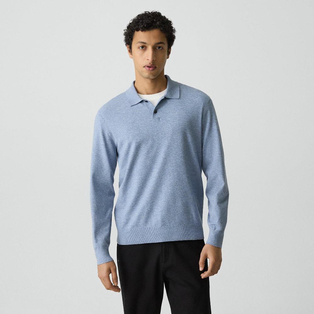 j brand Goris Long-Sleeve Polo Shirt in Light Bilen light blue lake melange