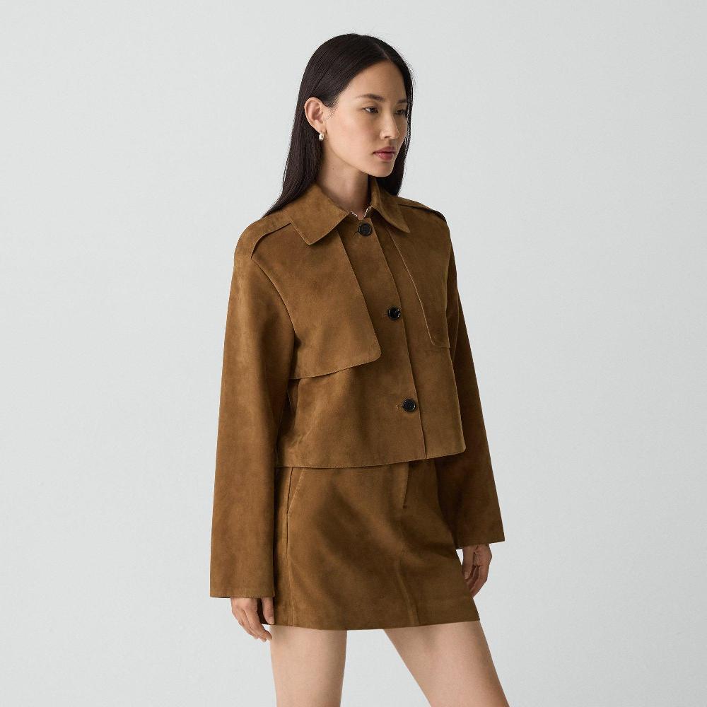 J Brand Cropped Trench Coat In Suede Deep Tobacco