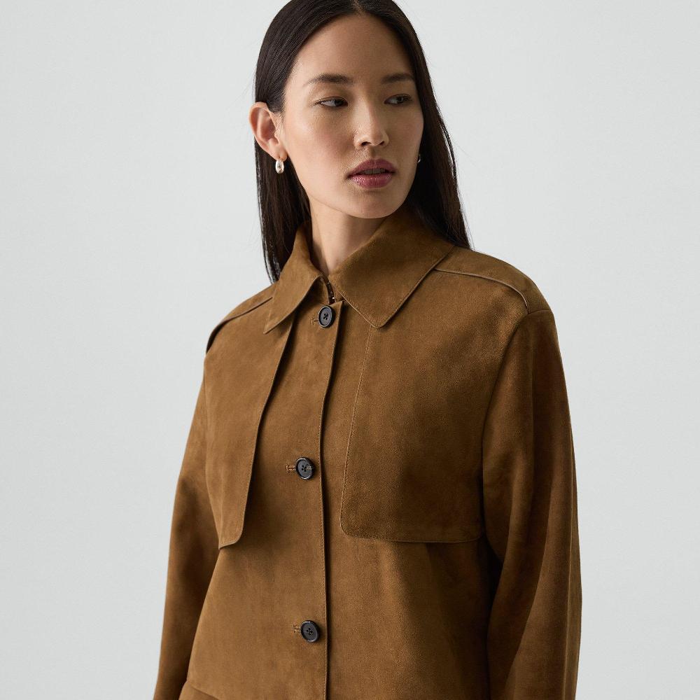 J Brand Cropped Trench Coat In Suede Deep Tobacco
