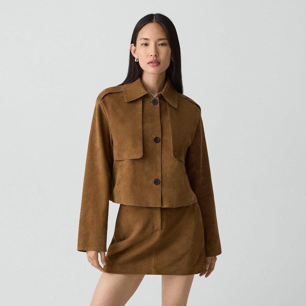 j brand Cropped Trench Coat in Suede deep tobacco