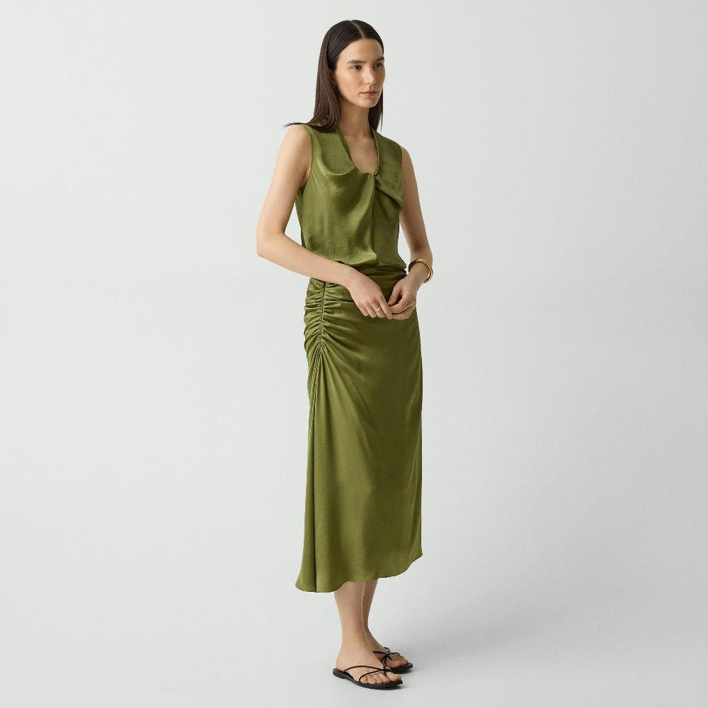 J Brand Ruched Midi Skirt In Crushed Satin Avocado