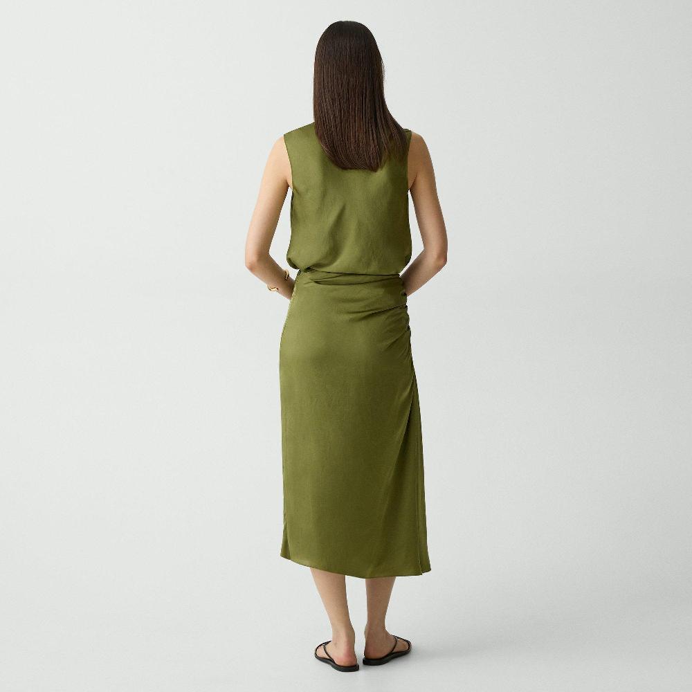 J Brand Ruched Midi Skirt In Crushed Satin Avocado