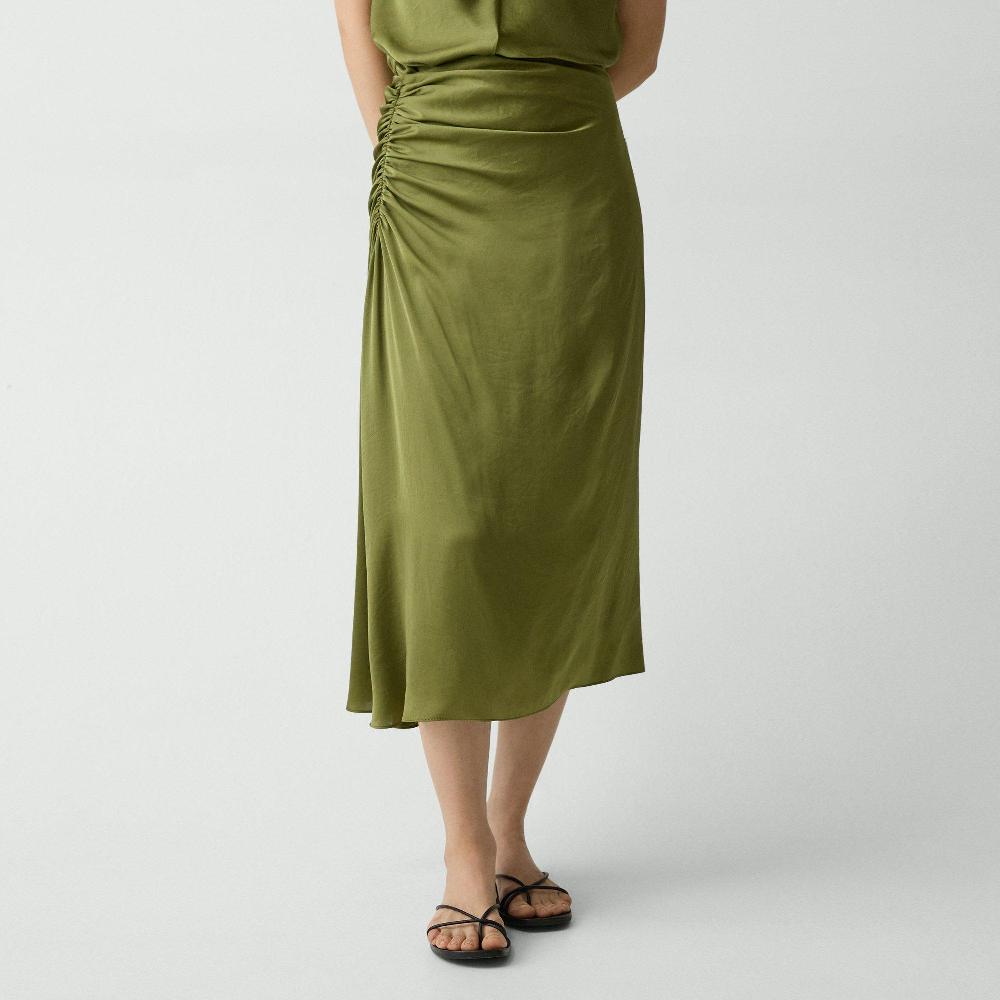 J Brand Ruched Midi Skirt In Crushed Satin Avocado